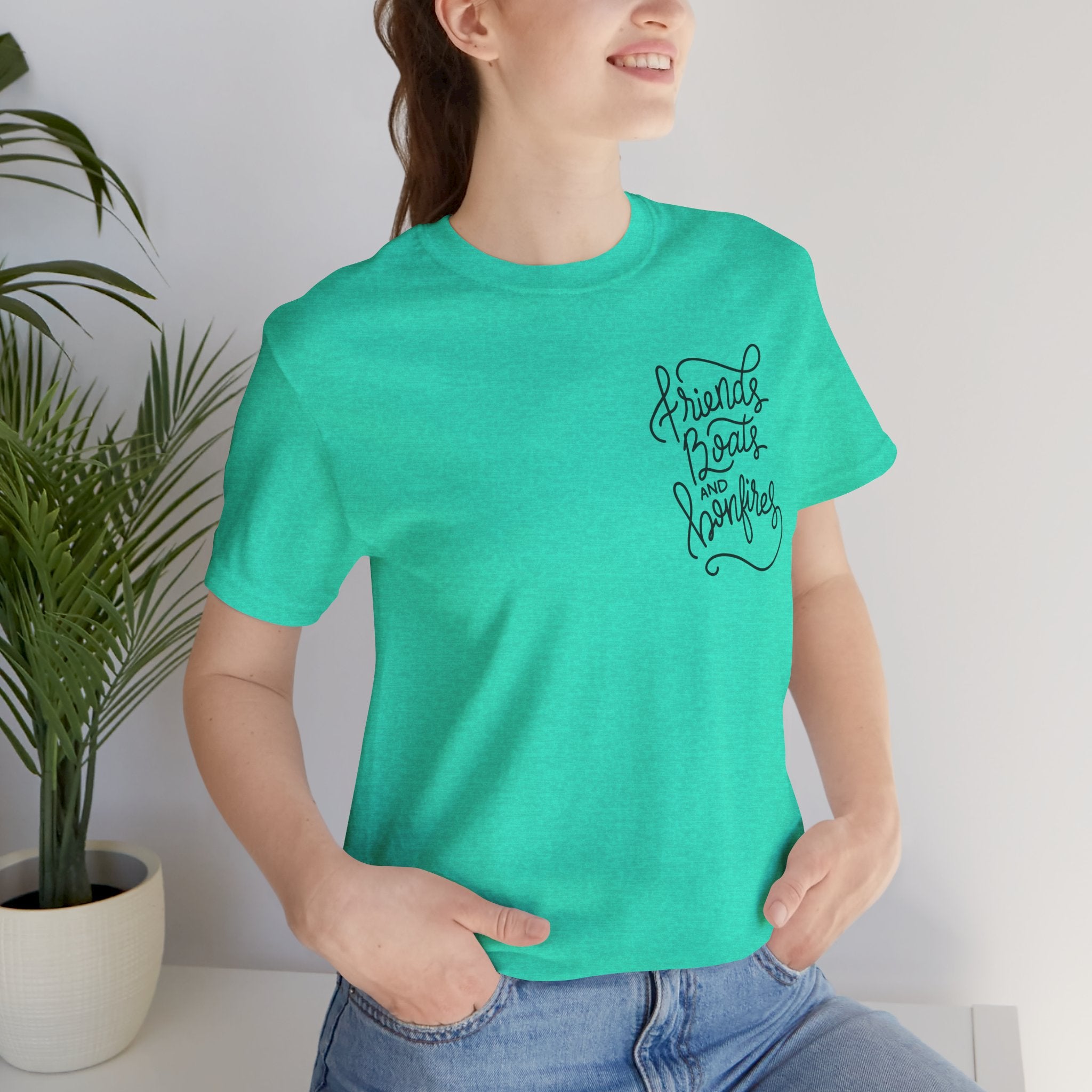 Friends Boats and Bonfires T-Shirt, Hand Lettered Left Chest Design, Bella Canvas T-Shirt