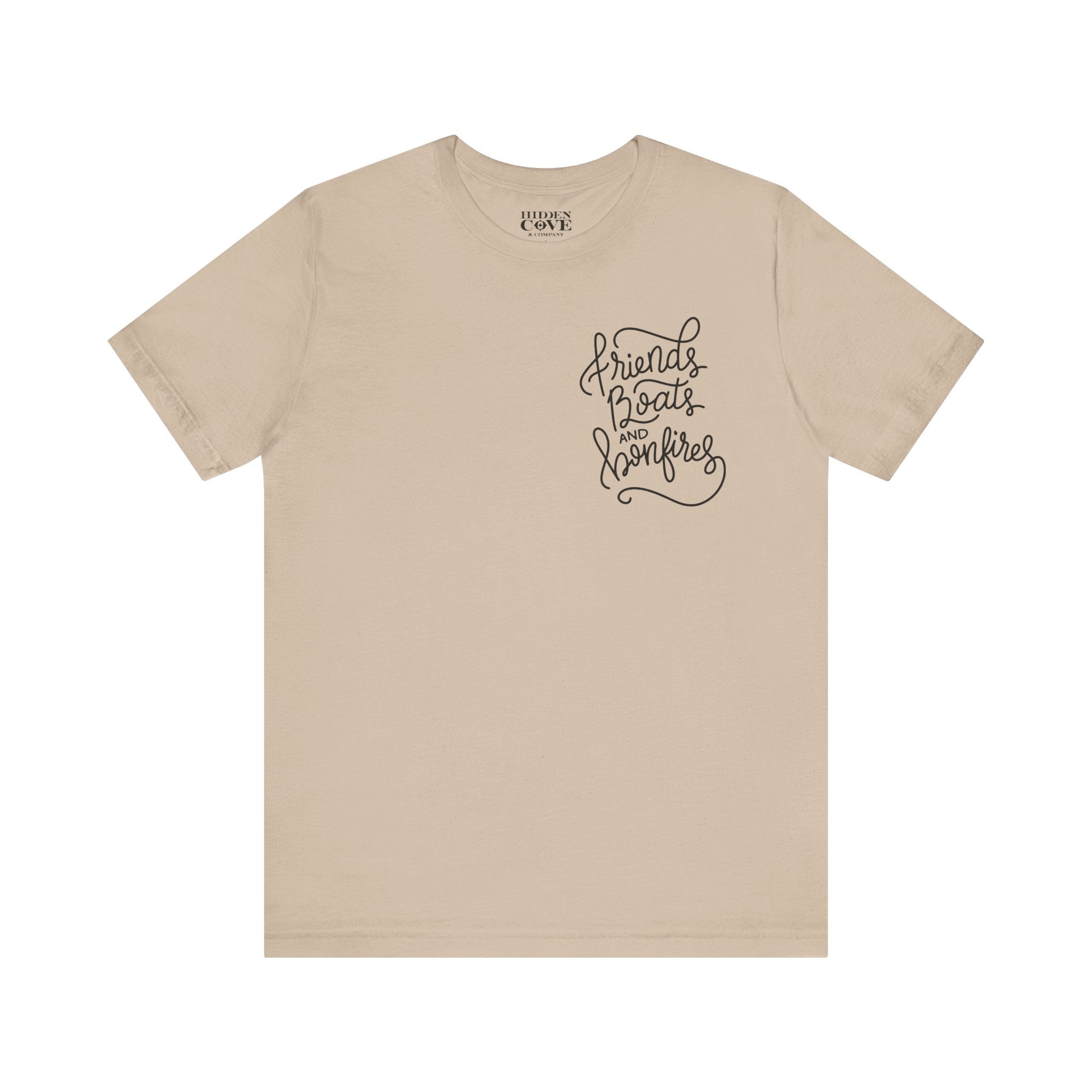 Friends Boats and Bonfires T-Shirt, Hand Lettered Left Chest Design, Bella Canvas T-Shirt